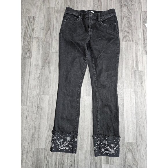 LOFT Jeans Womens 2 / 26 Black Modern Straight Embroidered Cuffed Floral Raw Hem - Picture 1 of 13